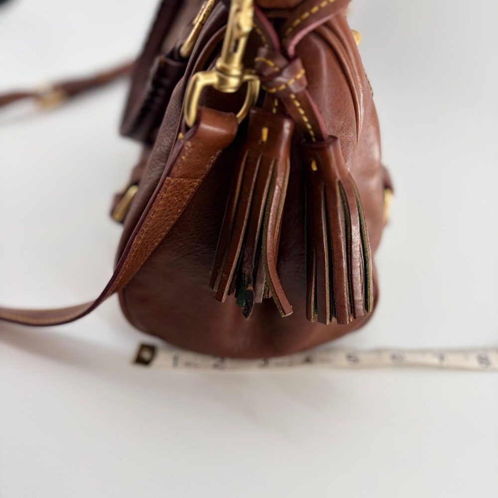 Dooney & Bourke Large Florentine Leather Satchel Chestnut Tassel Strap - Picture 12 of 16